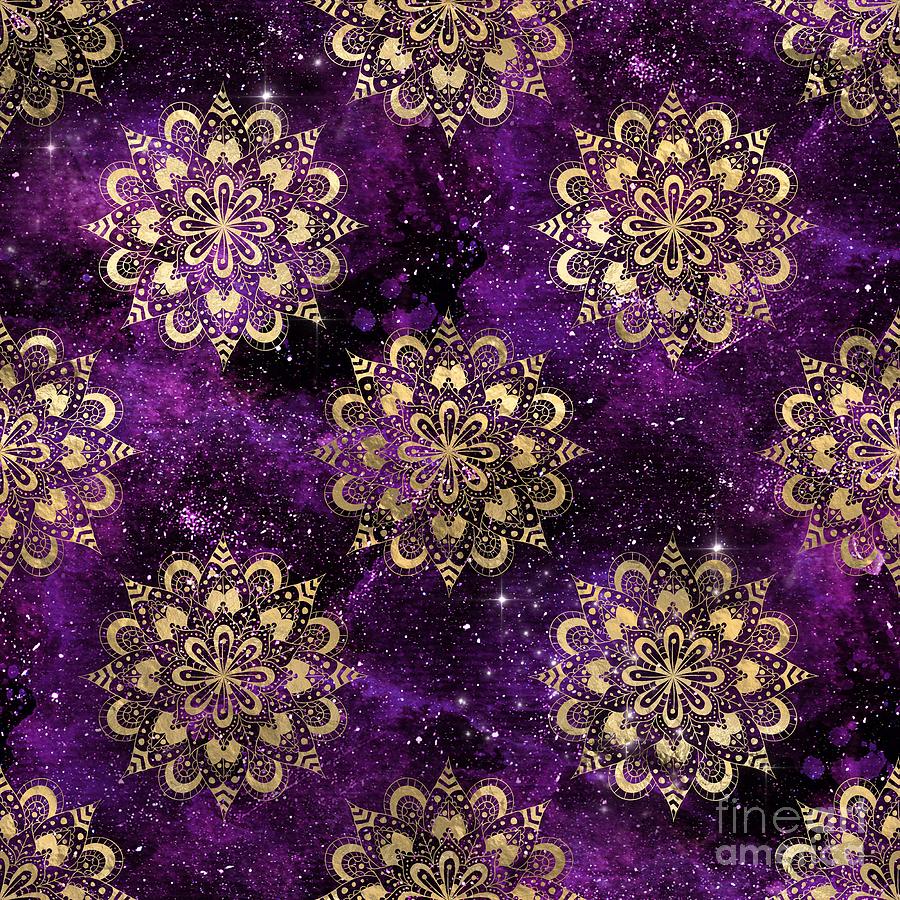 Sanata - Purple Gold Watercolor Mandala Galaxy Dharma Pattern Digital Art by Sambel Pedes