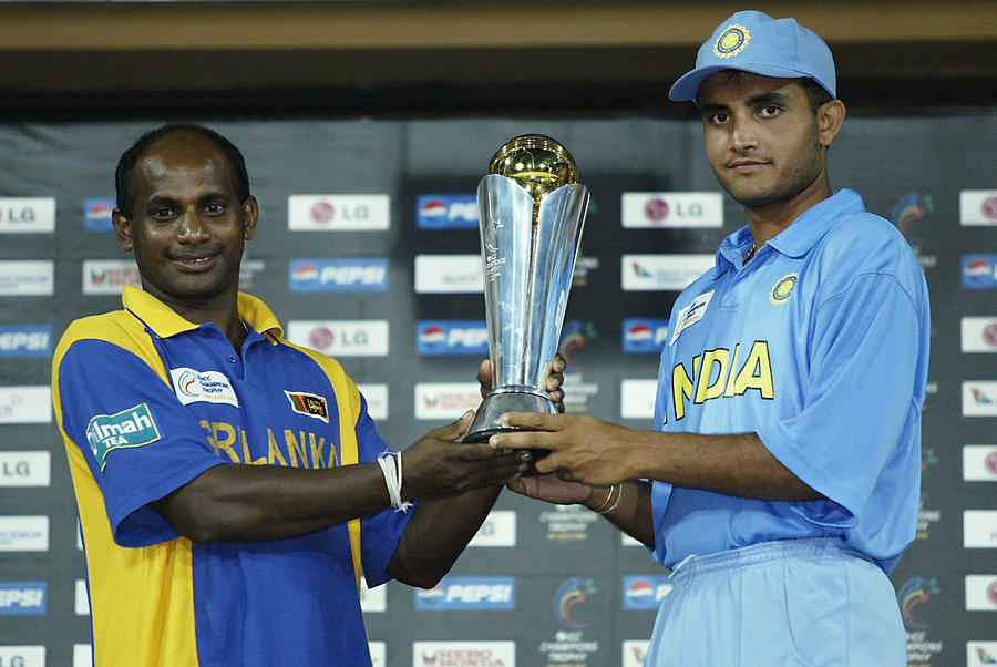 Sanath Jayasuriya of Sri Lanka and Sourav Ganguly of India with the trophy after Photograph by Clive Mason