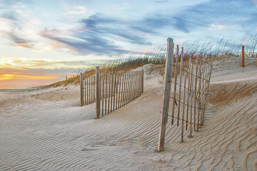 Sunset Photograph - Sand Fence at Sunset Atlantic Beach NC by Bob Decker