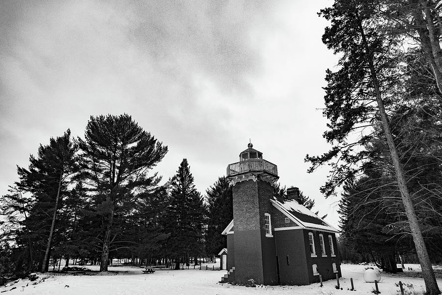 Sand Lighthouse in Baraga Michigan in black and white Photograph by Eldon McGraw