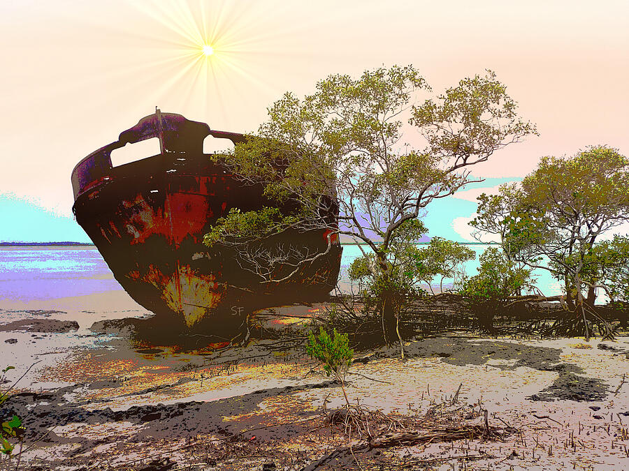 Sandbar Shipwreck Nautical Pop Art Mixed Media by Shelli Fitzpatrick