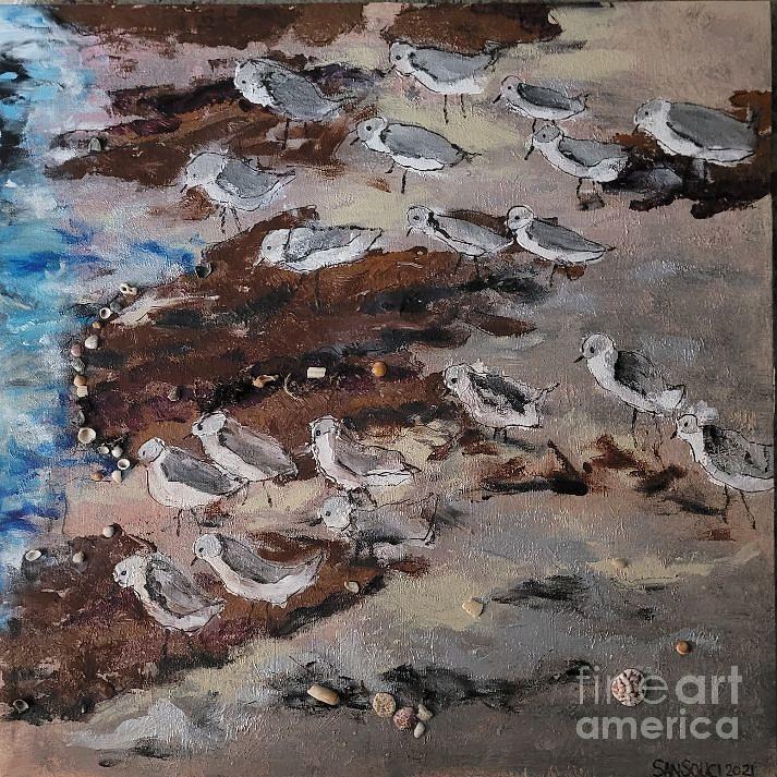 Sandpipers Awaiting Sunrise Painting by Mark SanSouci