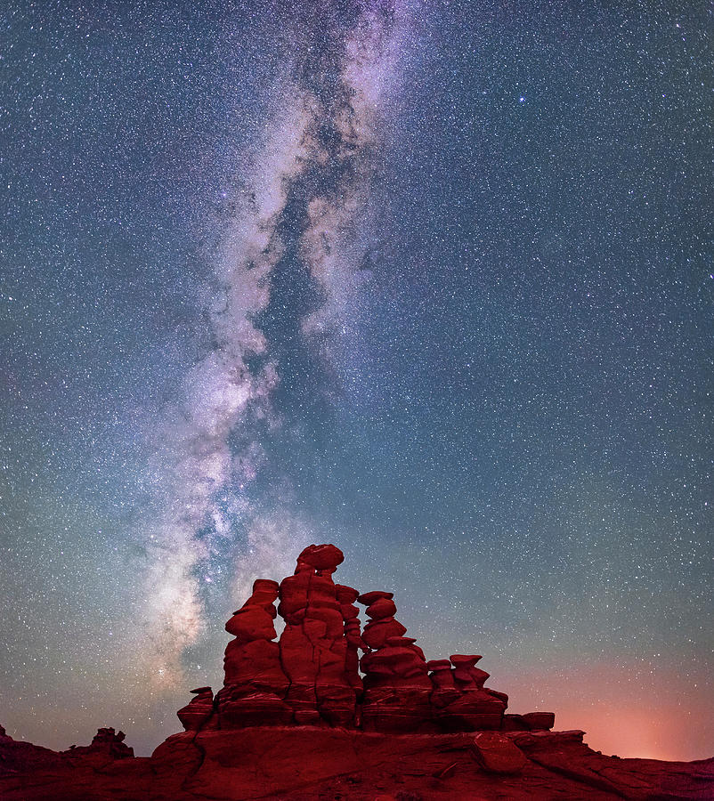 Sandstone hoodoos under Milky Way galaxy in sky at night, Ward Terrace, Navajo Reservation, Arizona, Photograph by Panoramic Images