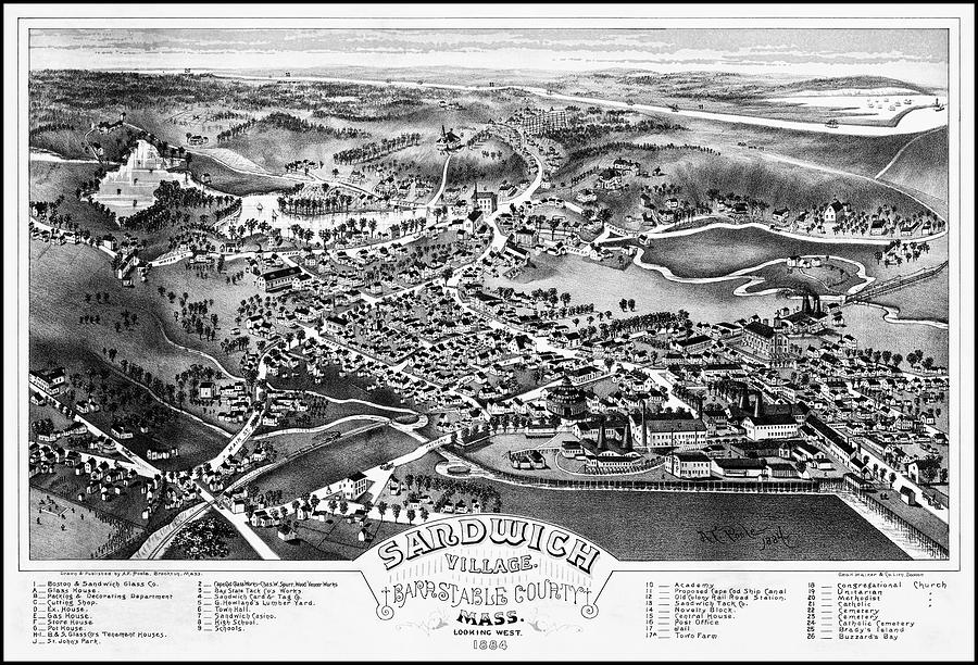 Massachusetts Map Photograph - Sandwich Village Massachusetts Vintage Map Birds Eye View 1884 Black and White by Carol Japp