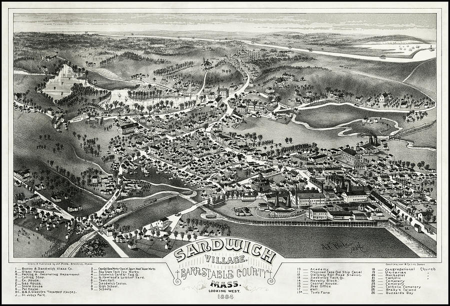 Massachusetts Map Photograph - Sandwich Village Massachusetts Vintage Map Birds Eye View 1884 by Carol Japp