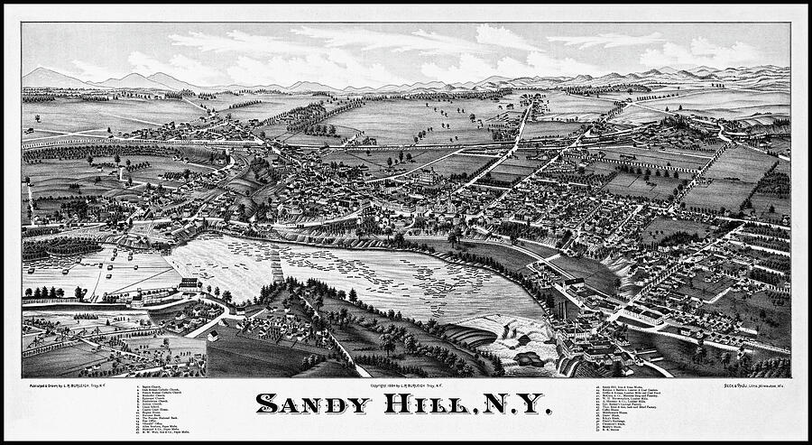 Sandy Hill Hudson Falls New York Vintage Map Birds Eye View 1884 Black and White  Photograph by Carol Japp