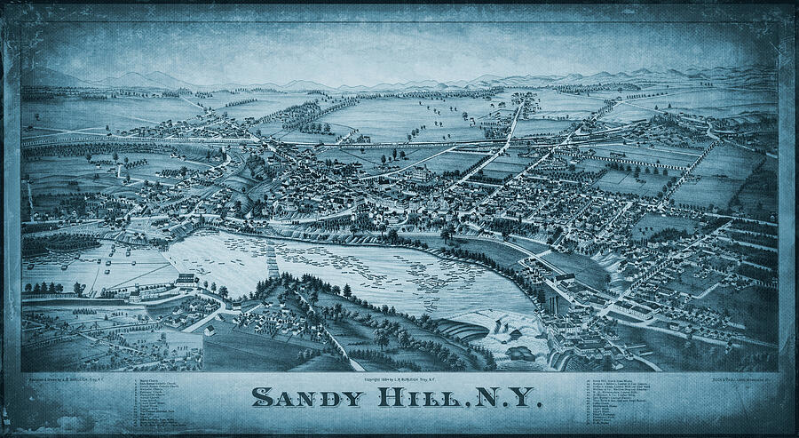 Sandy Hill Hudson Falls New York Vintage Map Birds Eye View 1884 Blue Photograph by Carol Japp