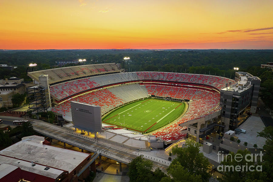 Sanford Stadium at University of Georgia Aerial View Sunrise - A Photograph by Sanjeev Singhal