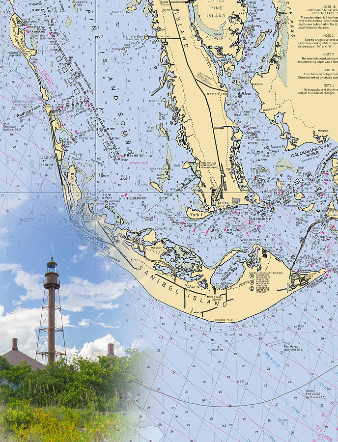 Sanibel Island With Lighthouse, Noaa Chart 11426 Digital Art by