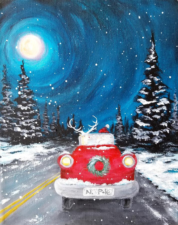 Santa and Rudolphs Night Off Painting by Roseanne Schellenberger