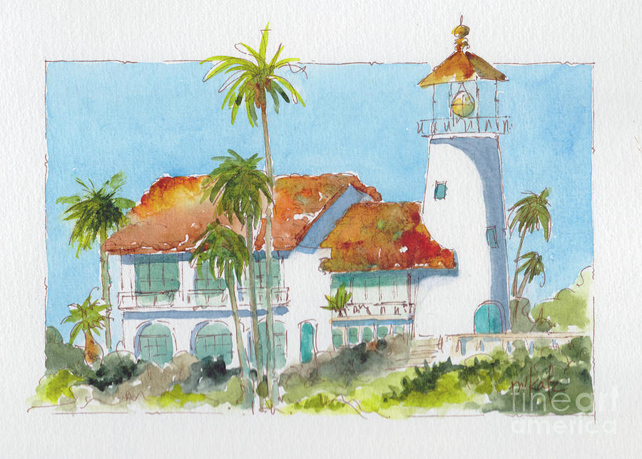Santa Barbara Blue Water Grill Lighthouse Painting by Pat Katz