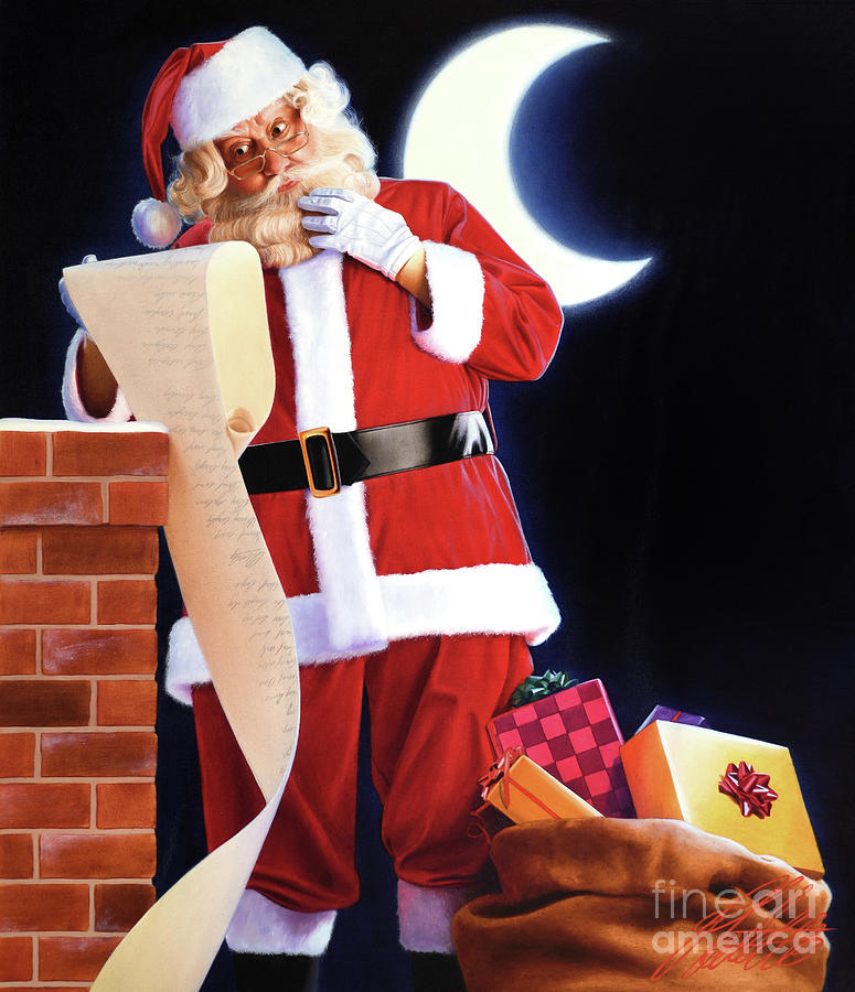 Santa Checking His List Painting by Ed Little