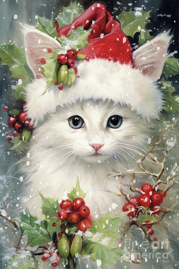Santa Christmas Kitten Painting by Tina LeCour