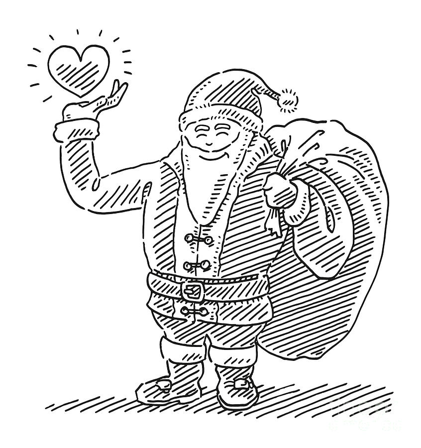 Black And White Drawing - Santa Claus And Heart Symbol Drawing by Frank Ramspott