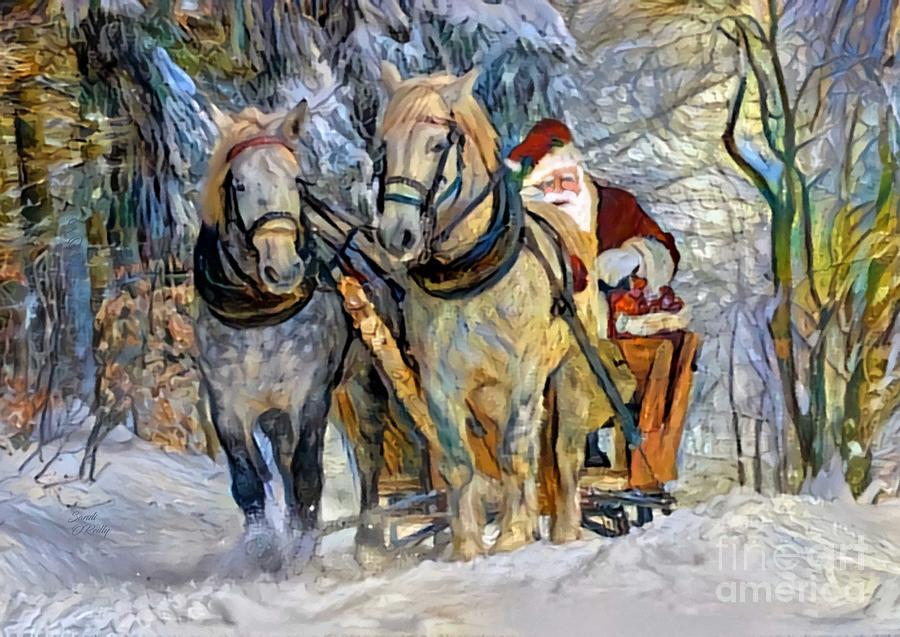 Santa Claus And Horse Drawn Sleigh Mixed Media by Sandi OReilly