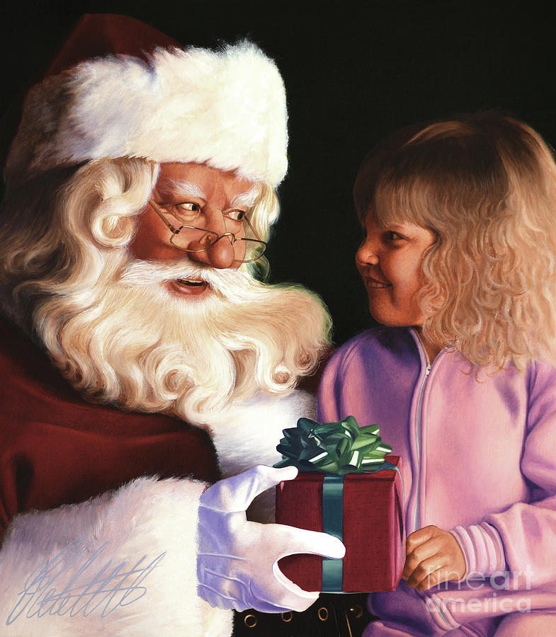 Santa Claus And Little Girl Painting by Ed Little