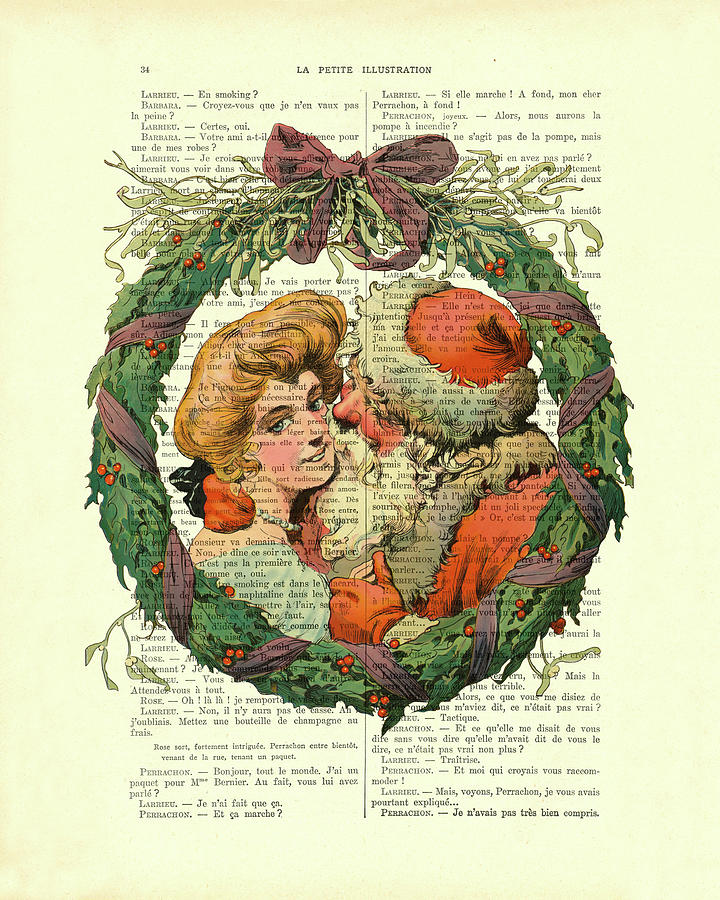 Christmas Digital Art - Santa Claus Christmas wreath antique illustration by Madame Memento