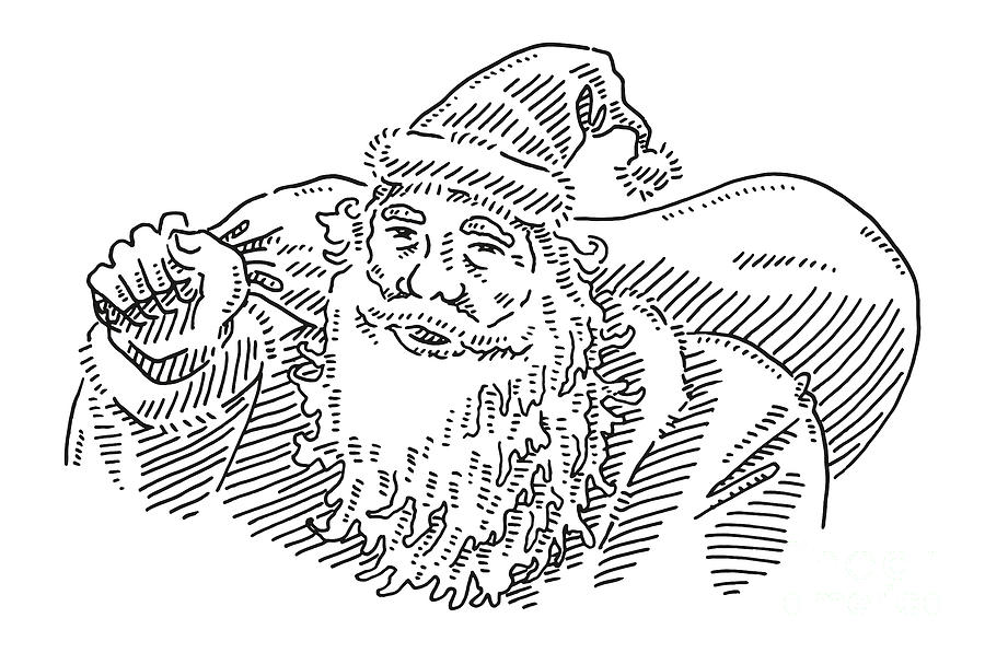 Black And White Drawing - Santa Claus Holding Sack Drawing by Frank Ramspott