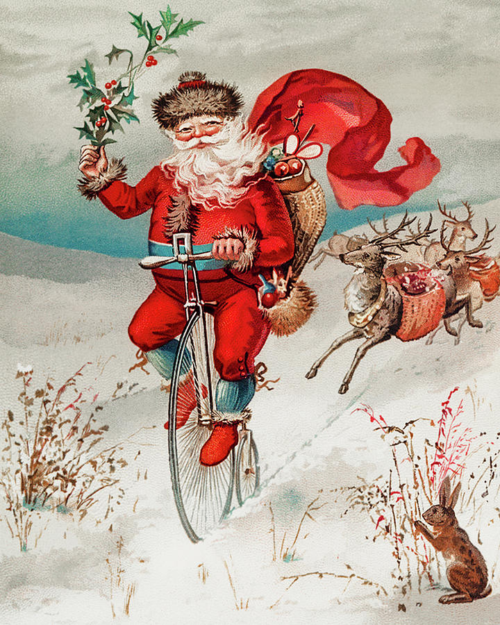 Christmas Drawing - Santa Claus on a penny farthing by Miriam and Ira D Wallach
