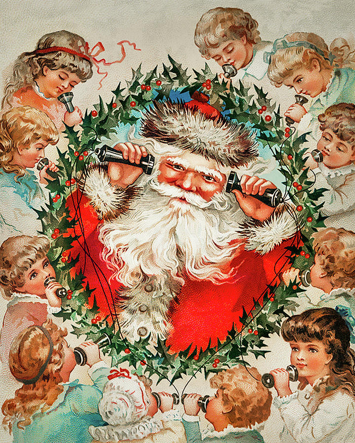 Christmas Drawing - Santa Claus on string phones by Miriam and Ira D Wallach