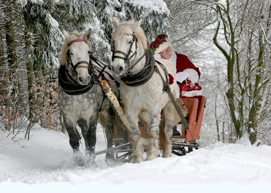 Santa Claus rides in a Horse sleigh Pyrography by Johnnie Art - Fine ...