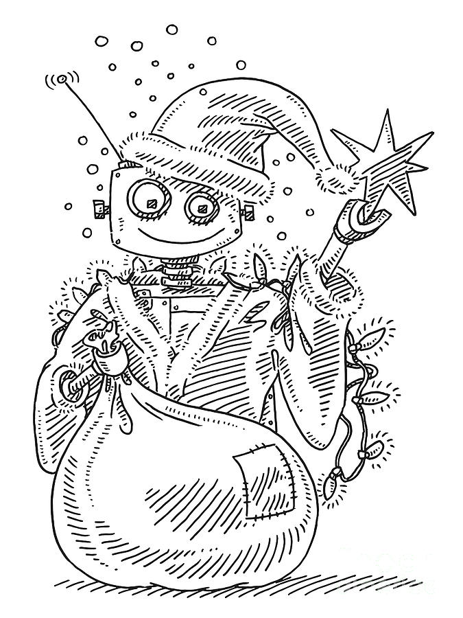 Black And White Drawing - Santa Claus Robot Holding A Sack Drawing by Frank Ramspott