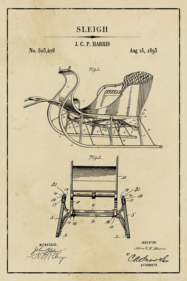 Santa Claus Sleigh Blueprint Patent on Aged Paper Digital Art by Florian Rodarte
