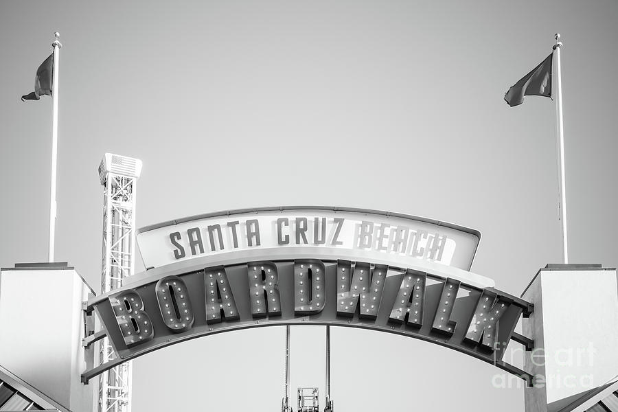 Santa Cruz Beach Boardwalk Sign Black and White Photo Photograph by Paul Velgos