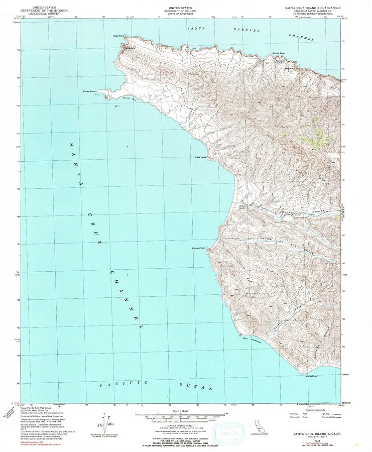 Santa Cruz Island A CA from 1943 Vintage Map High Quality Mixed Media ...