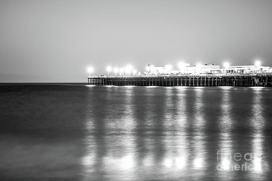 Santa Cruz Wharf Pier at Night Black and White Photo Photograph by Paul Velgos