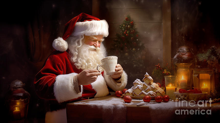 Santa drinks from the milk prepared for him at the holiday table. Digital Art by Odon Czintos