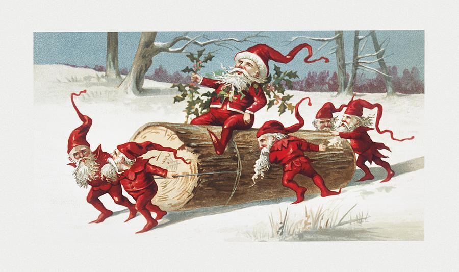 Santa elves sliding on a log from The Miriam and Ira D Wallach Division Of Art Prints and