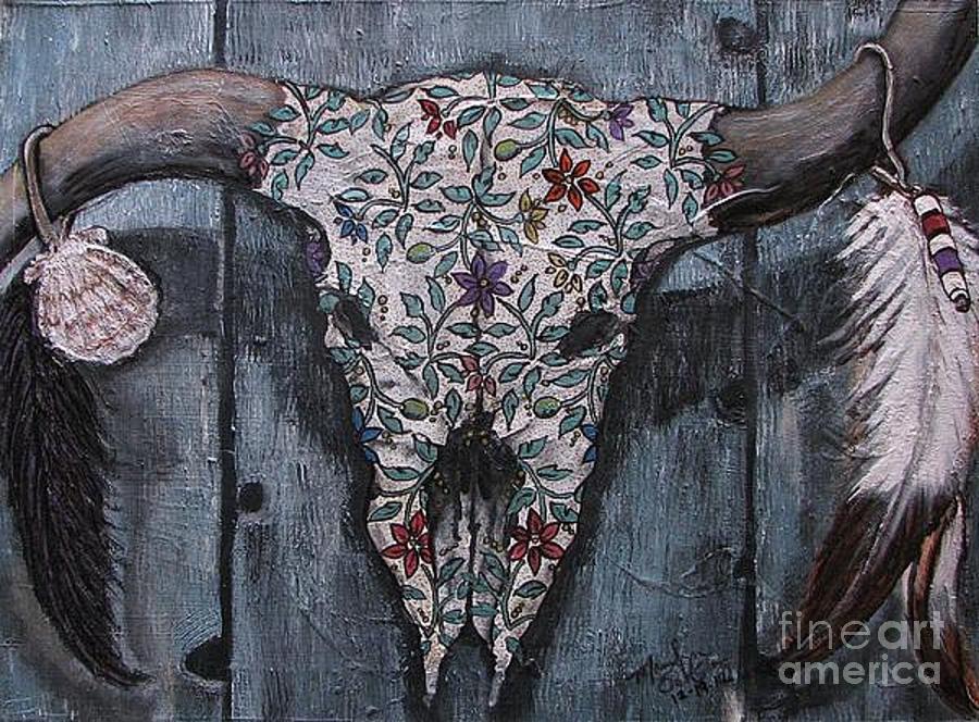 Santa Fe Bull Skull Painting by Marilyn Sahs