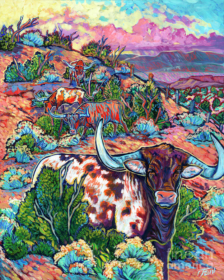 Cow Painting - Santa Fe Longhorns by Jenn Cunningham