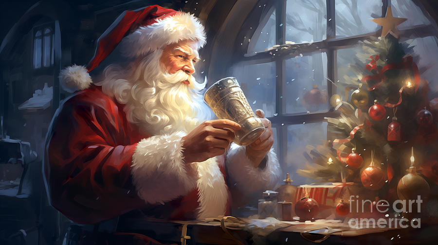  Santa holds a glass next to the decorated Christmas tree. Digital Art by Odon Czintos