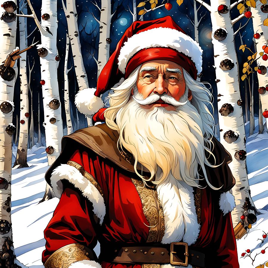 Santa In White Birches and Snow Mixed Media by Lesa Fine