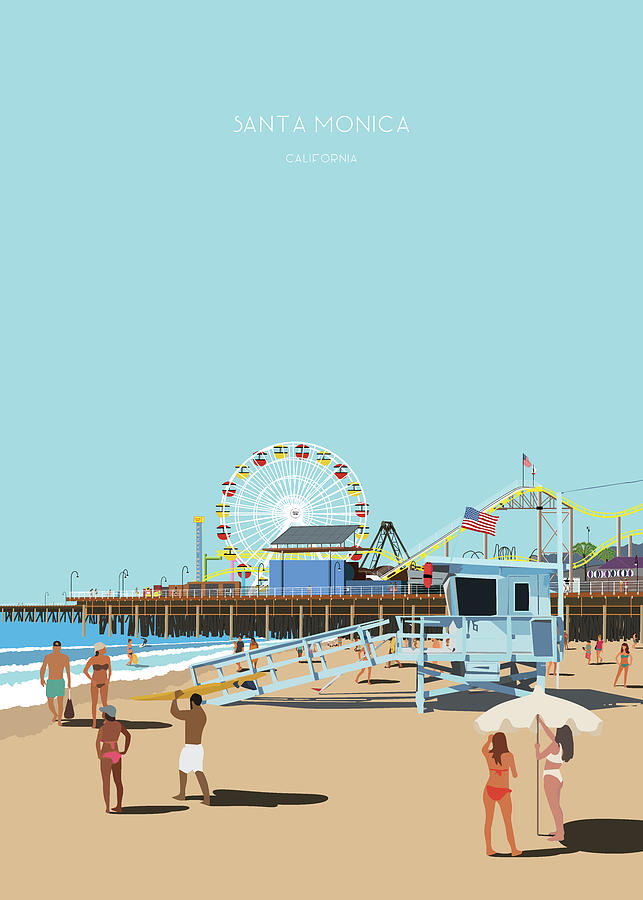 Santa Monica Beach, California Travel Illustration Digital Art By Metrx 