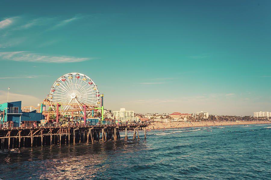 Sunset Photograph - Santa Monica ferris wheel amusement park in sunset  by Natalia Macheda