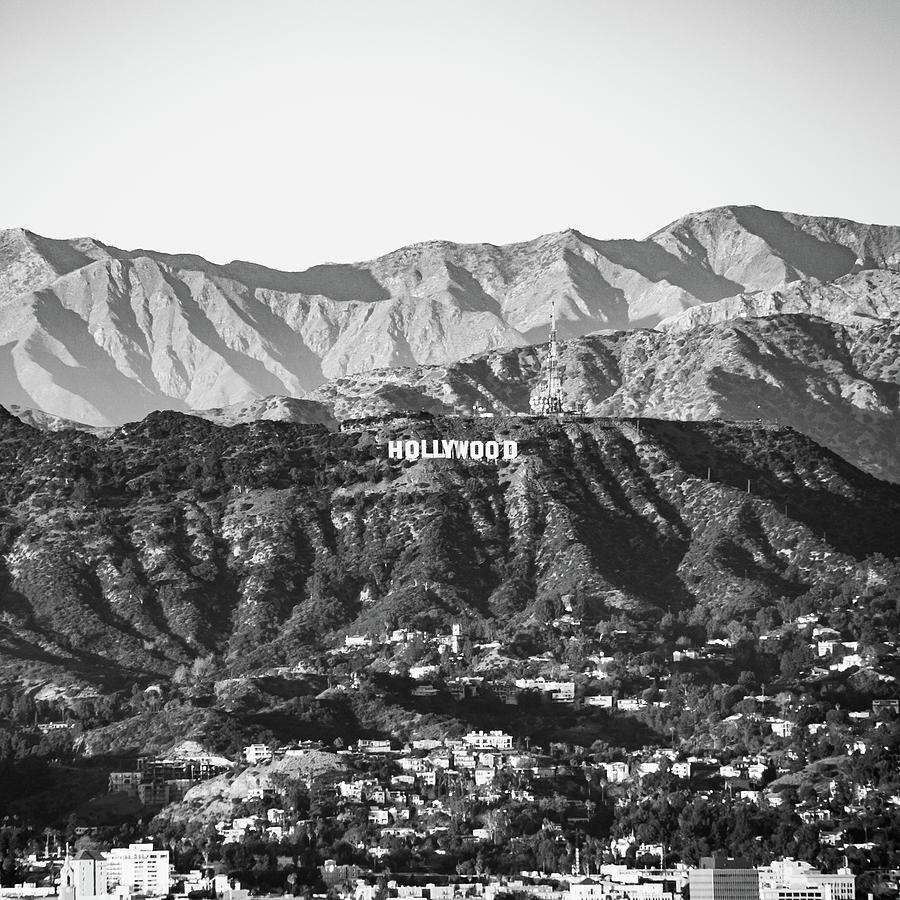 Black And White Photograph - Santa Monica Mountain Hollywood Hills Sign - Black and White 1x1 by Gregory Ballos
