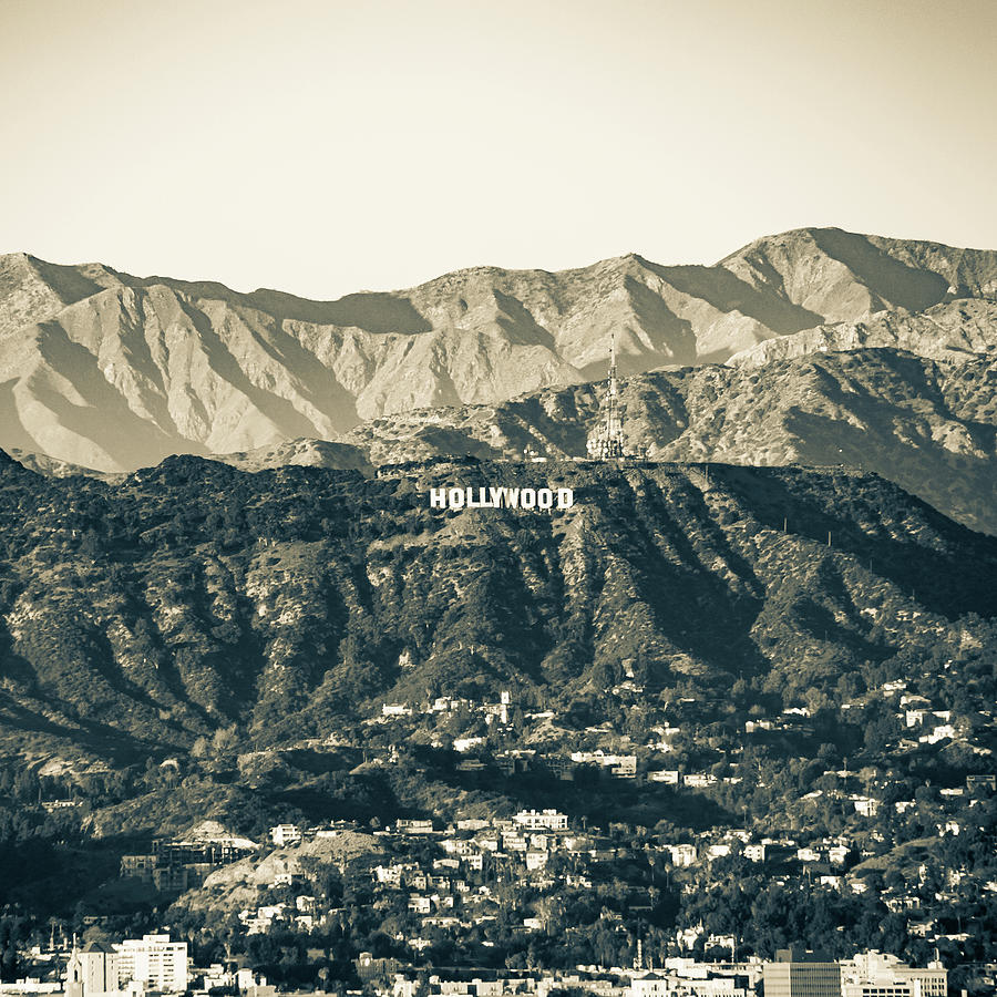 Vintage Photograph - Santa Monica Mountain Hollywood Hills Sign - Sepia 1x1 by Gregory Ballos