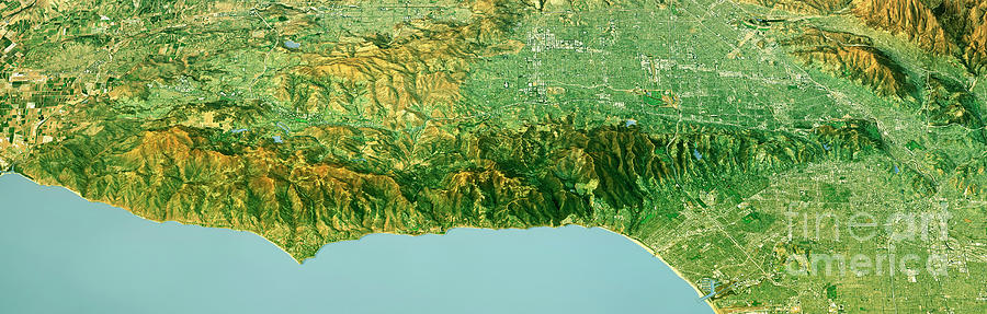 Los Angeles Digital Art - Santa Monica Mountains Panorama Satellite Image Topographic 3D V by Frank Ramspott