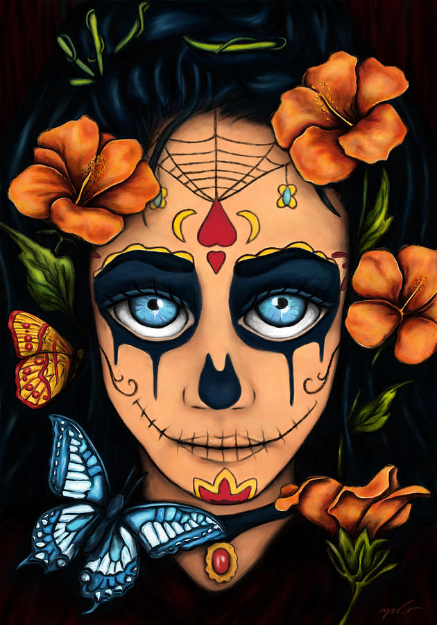 Santa muerte with flowers and butterfly portrait, Day of the dead Painting by Nadia CHEVREL