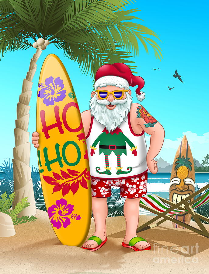 Santa On The Beach With Surf Board Mixed Media By Patrick Hoenderkamp ...