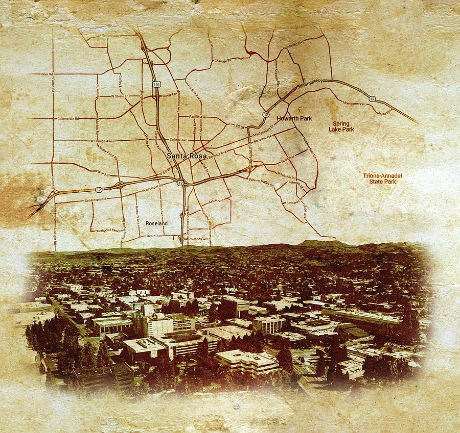 Santa Rosa, California - map and panorama on old paper Digital Art by Nicko Prints