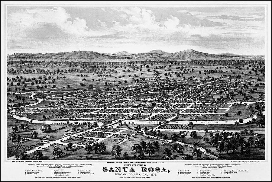 Napa Photograph - Santa Rosa Sonoma County California Vintage Map Birds Eye View 1876 Black and White  by Carol Japp
