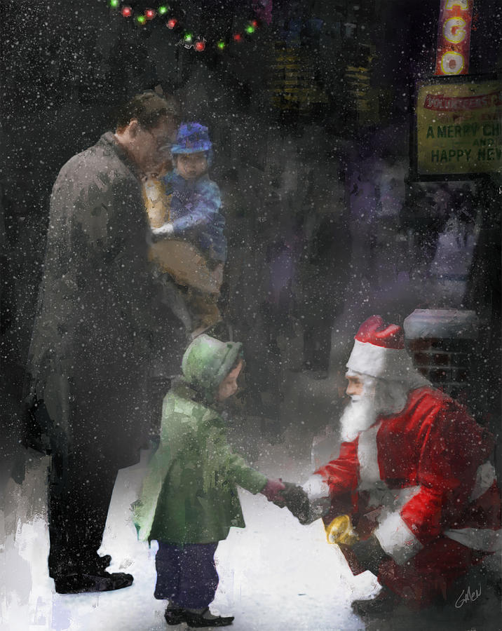 Santa Says Thank You - Chicago State Street 1960s Painting by Glenn Galen