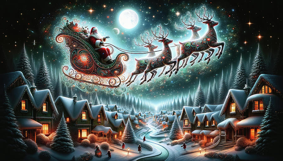 Santas Flight over Winter Wonderland Digital Art by Bill and Linda Tiepelman