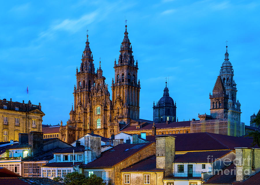 Santiago de Compostela Cathedral Spectacular View by Night and Tiled Roofs La Coruna Galicia Photograph by Pablo Avanzini
