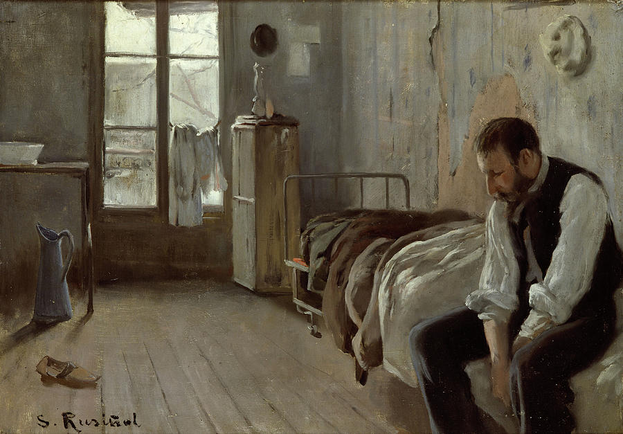 Santiago Rusinol / A Grey Day. Claraso in his room in Montmartre, 1890, Oil on canvas, 45 x 66 cm. Painting by Santiago Rusinol -1861-1931-