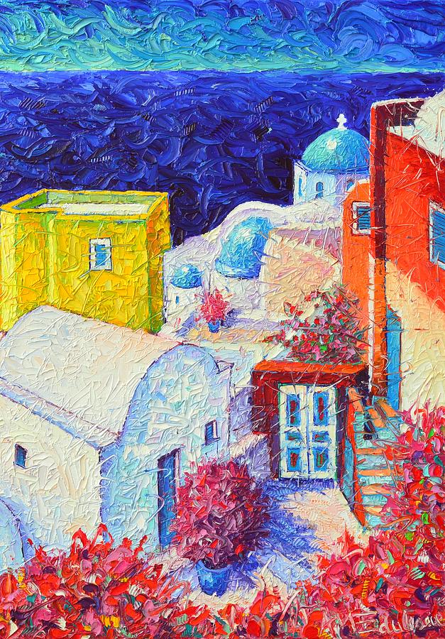 SANTORINI  COLORFUL OIA 7 textural impasto palette knife oil painting travel art Ana Maria Edulescu Painting by Ana Maria Edulescu